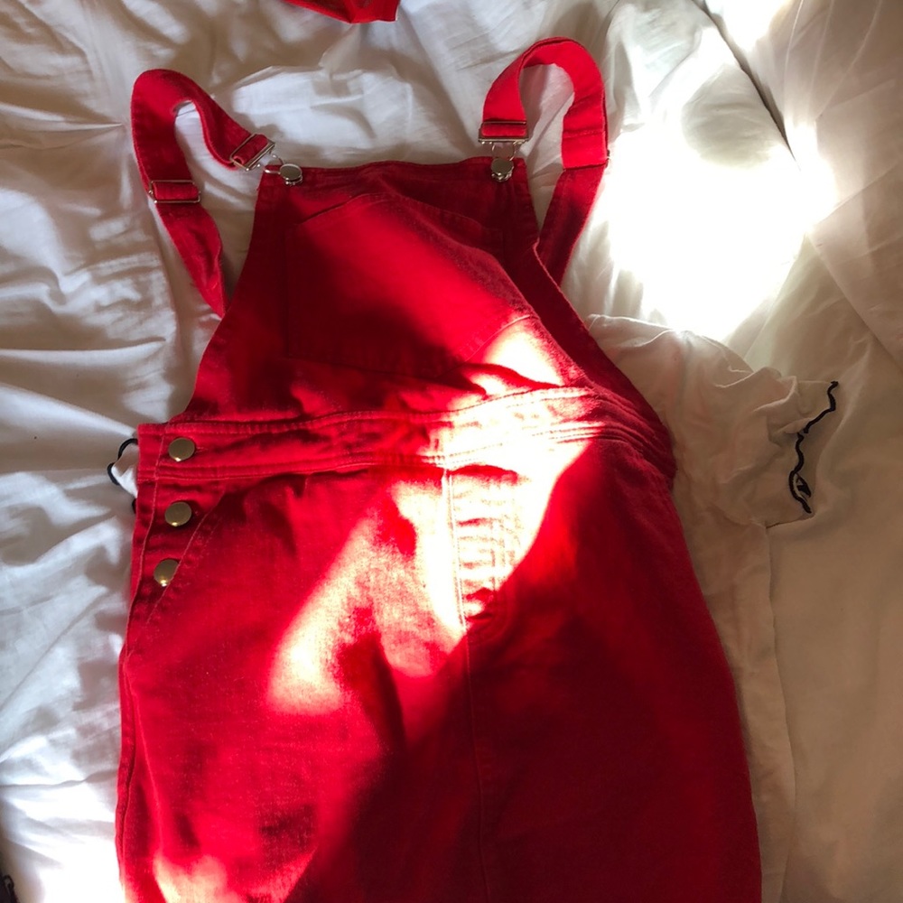 red overall dress